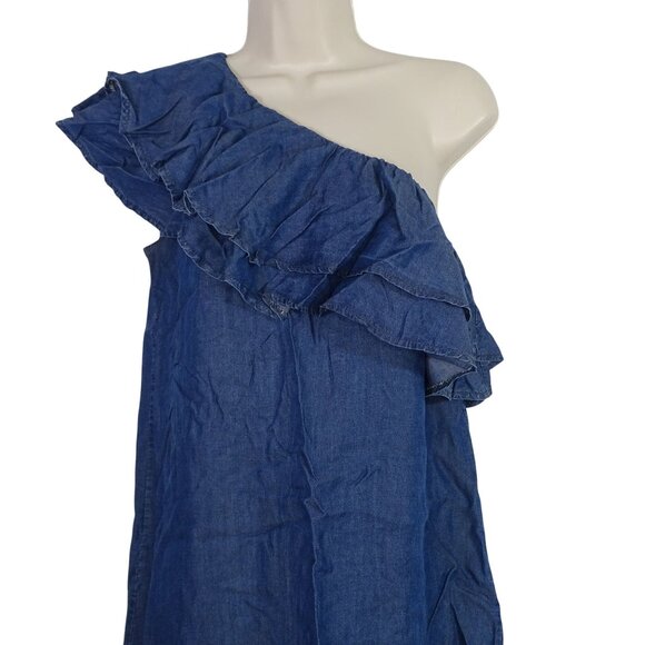 Apricot  One Shoulder Ruffle Denim Chambray Shift Dress Women Size M Above Knee - Picture 2 of 9